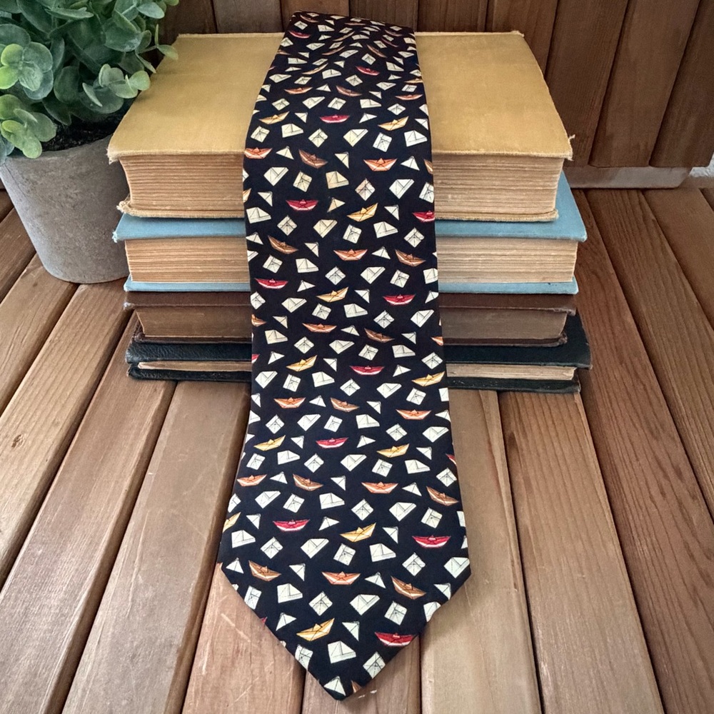 Salvatore Ferragamo Classic Silk Tie Paper Boat Novelty Print Made in Italy